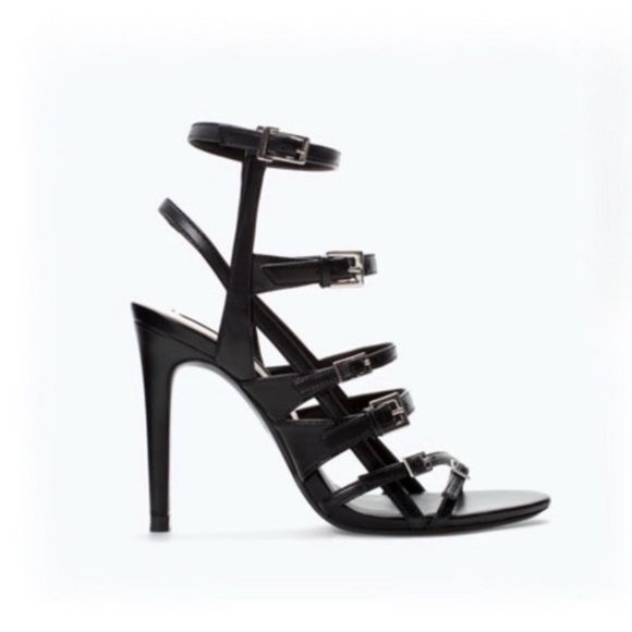 Zara Black Leather Strappy High Heel Sandals sz 8 - Picture 4 of 16